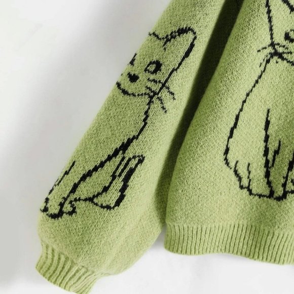 Boho Green Cat Pattern Drop Shoulder Sweater top - Picture 3 of 4